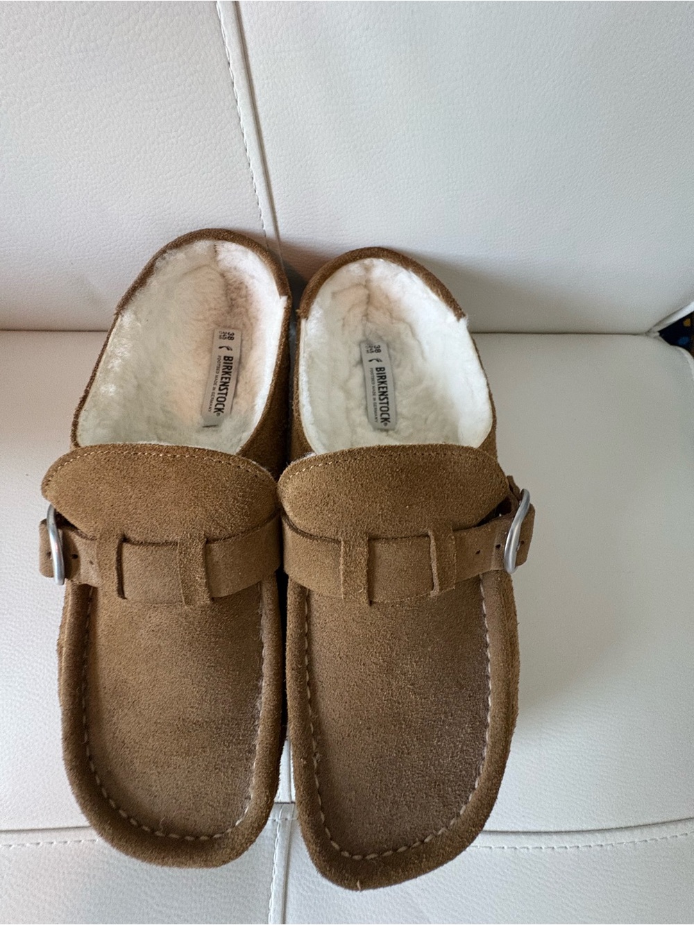 Birkenstock Tan Suede Shearling-Lined Clogs with Buckle
